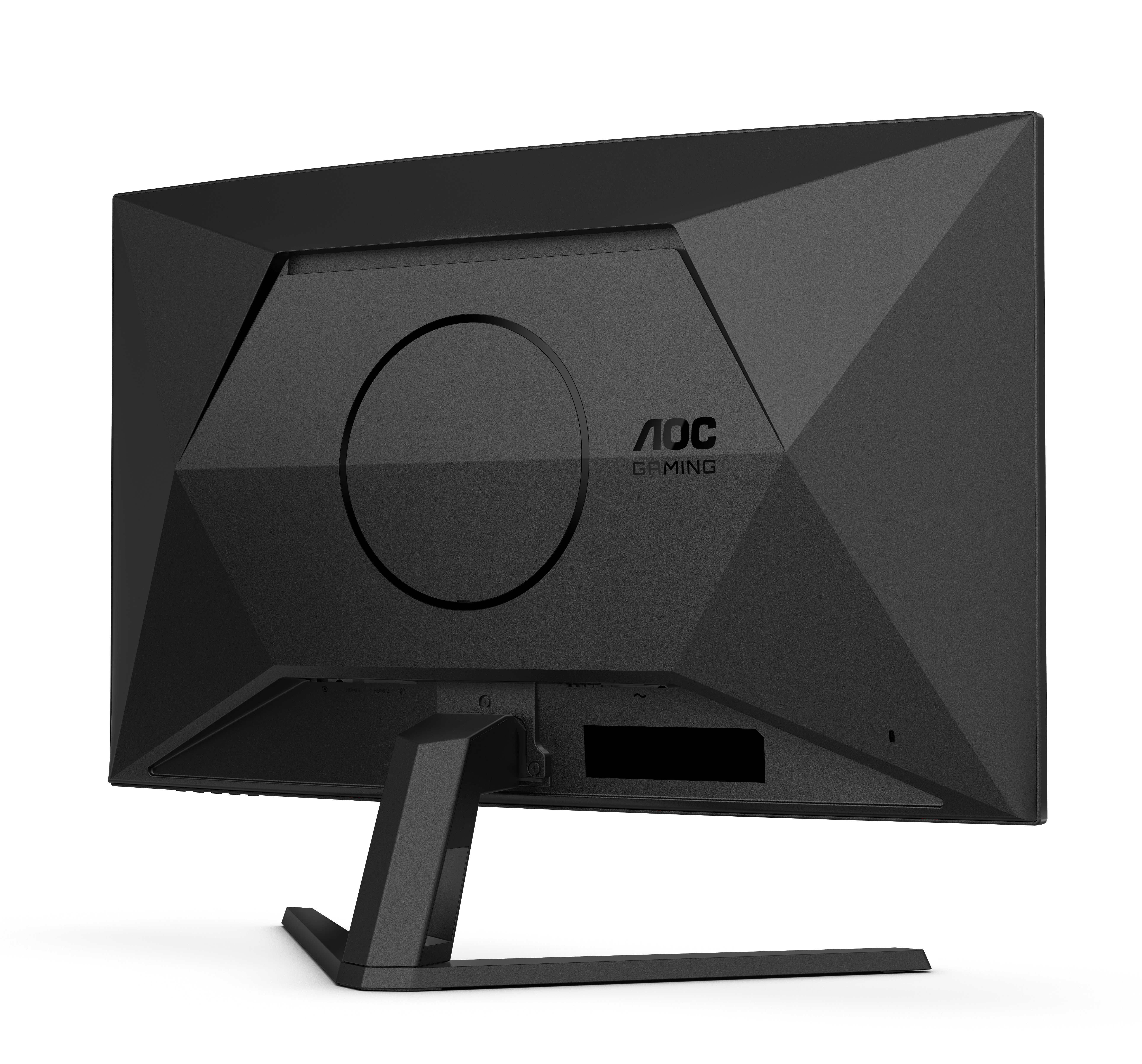 Die Rückseite eines schwarzen AOC Gaming-Monitors mit kantigem Design und Standfuß auf weißem Hintergrund.
