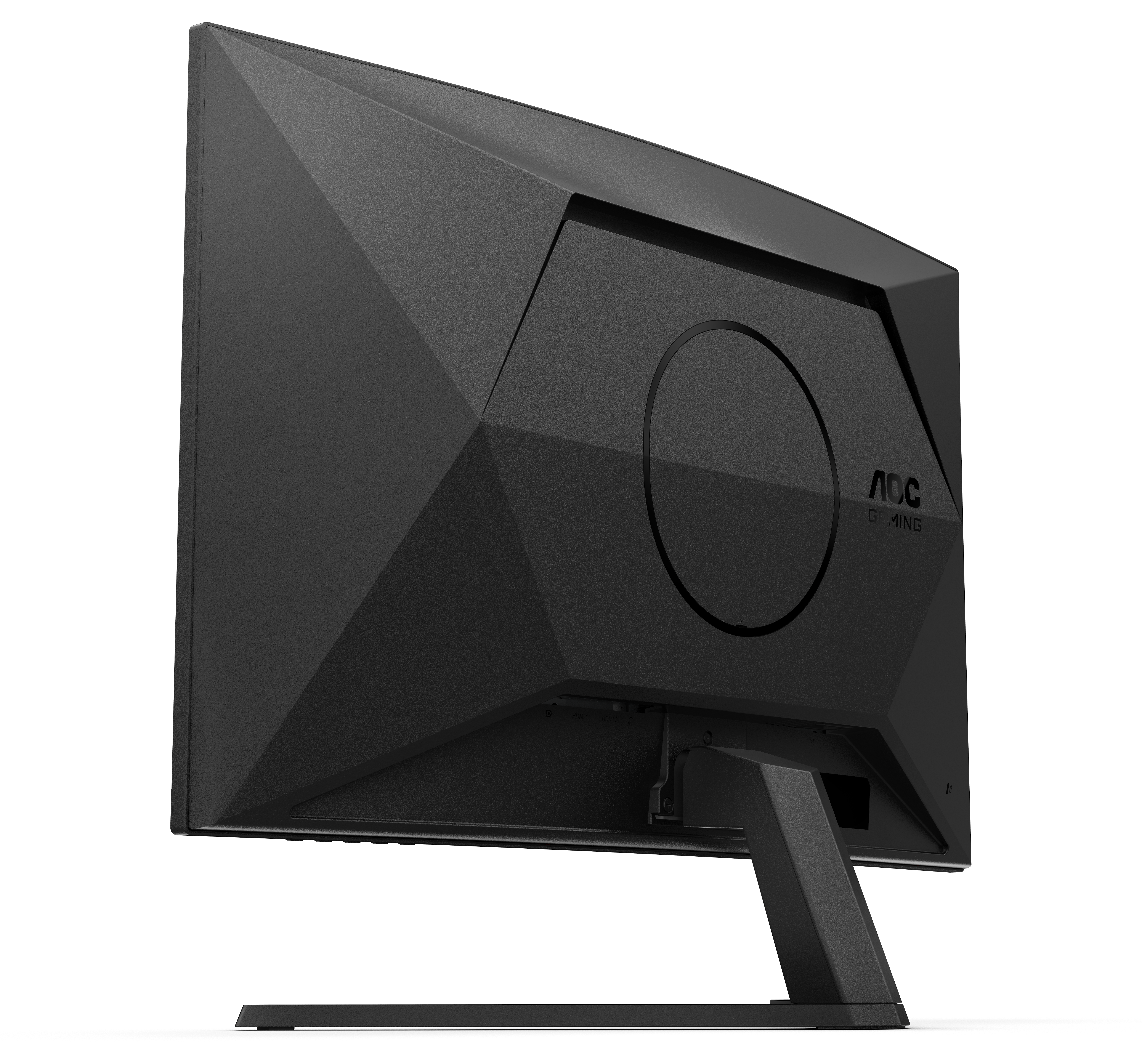 Rückansicht eines schwarzen AOC Gaming-Monitors mit kantigem Design und Standfuß auf weiÃŸem Grund.