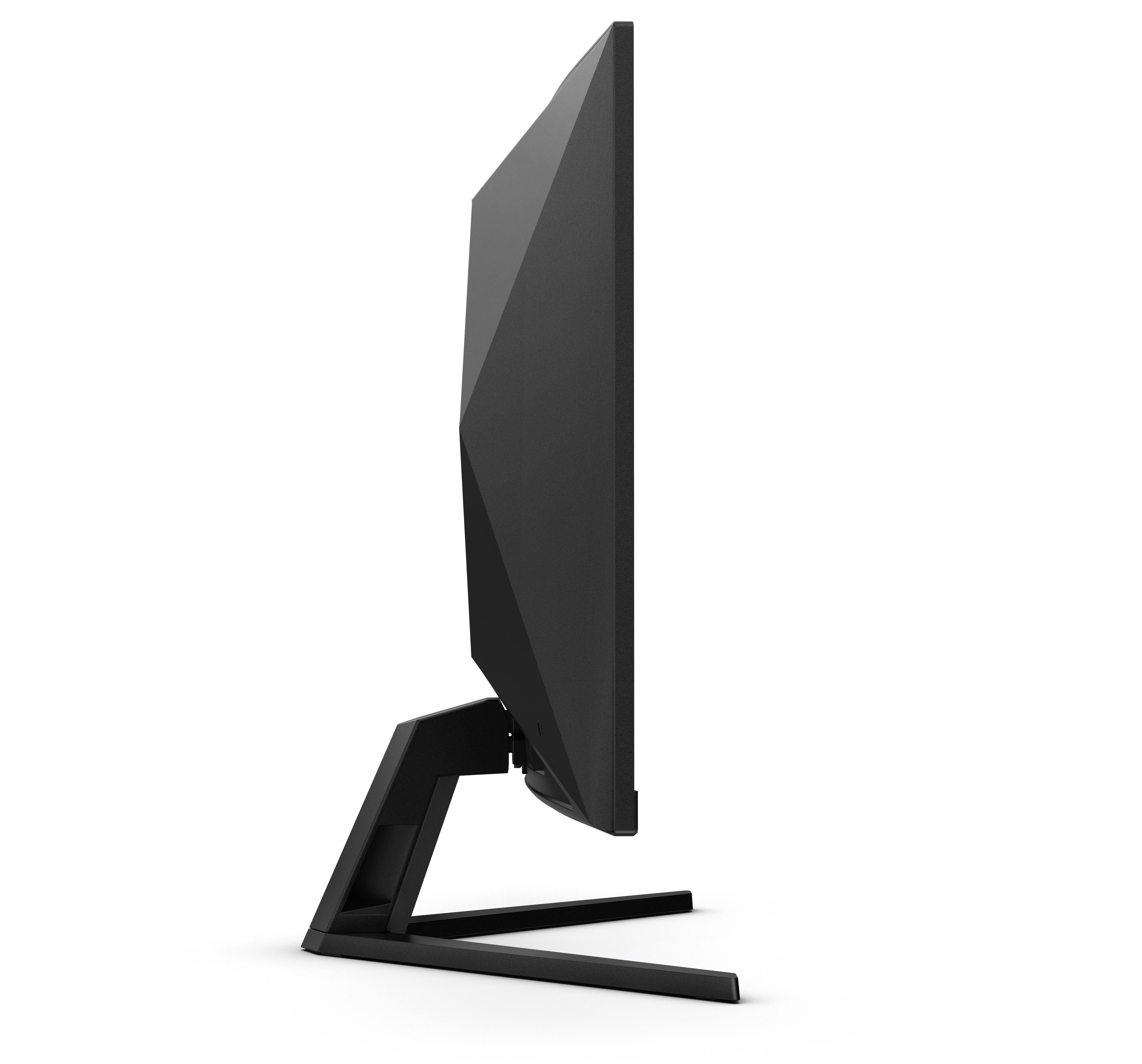 Seitenansicht eines modernen schwarzen Computermonitors mit geometrischem Rückseitendesign.