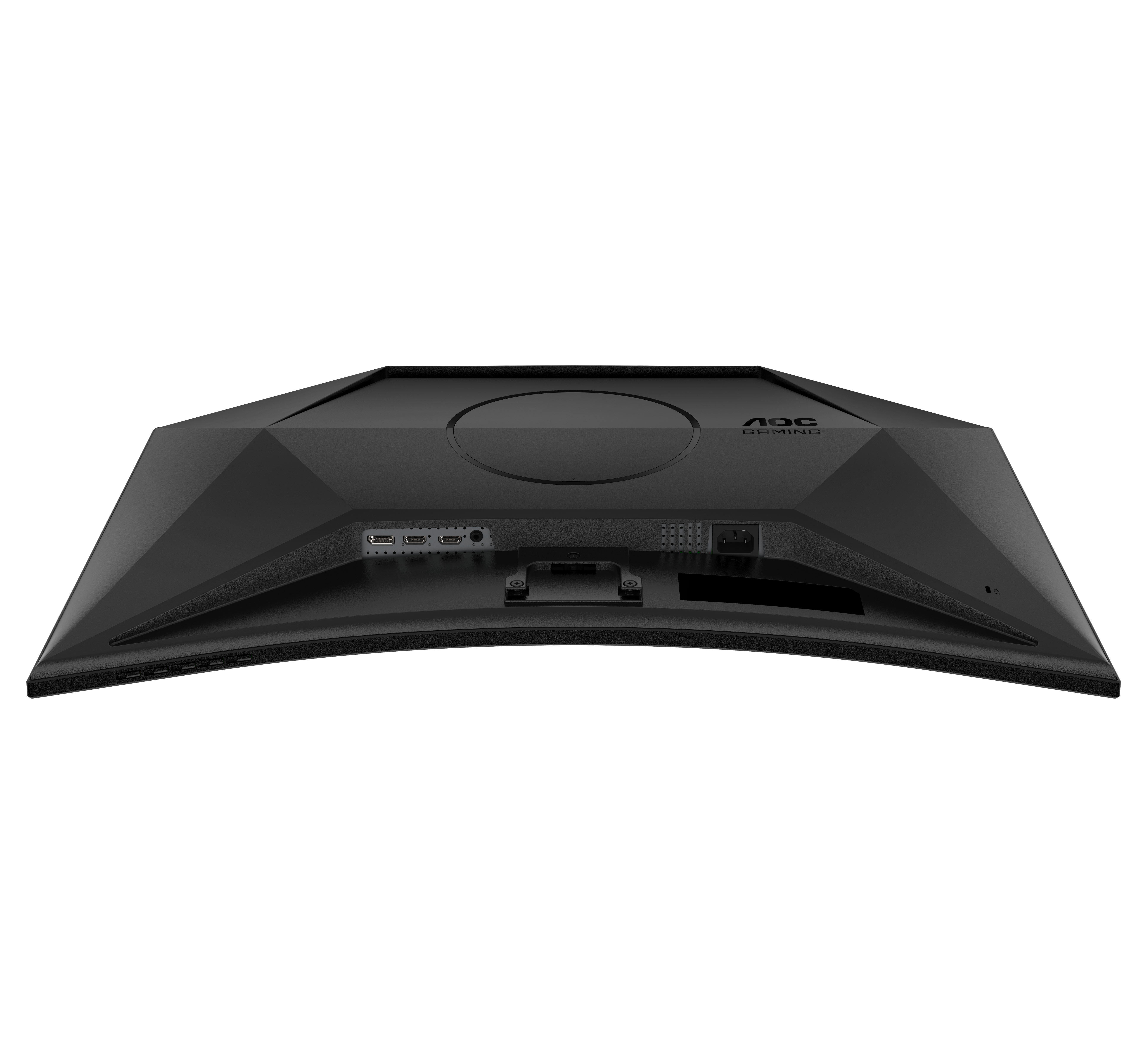 Rückseite eines schwarzen AOC Gaming-Monitors mit verschiedenen Anschlüssen und VESA-Halterung.