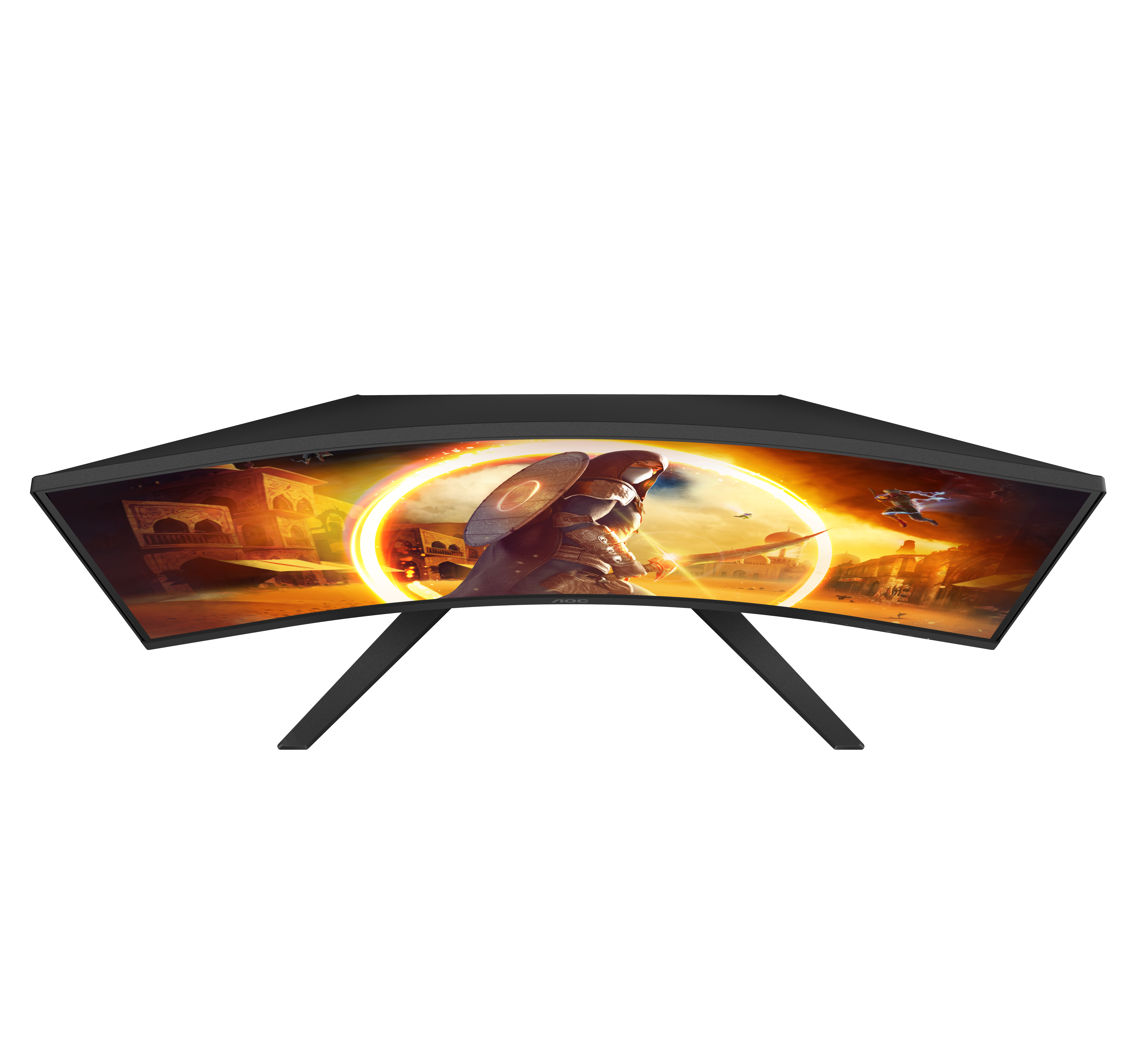 Ein schwarzer, gebogener Gaming-Monitor zeigt eine Fantasy-Kriegerszene mit einem goldenen Ring über einer Wüstenstadt.