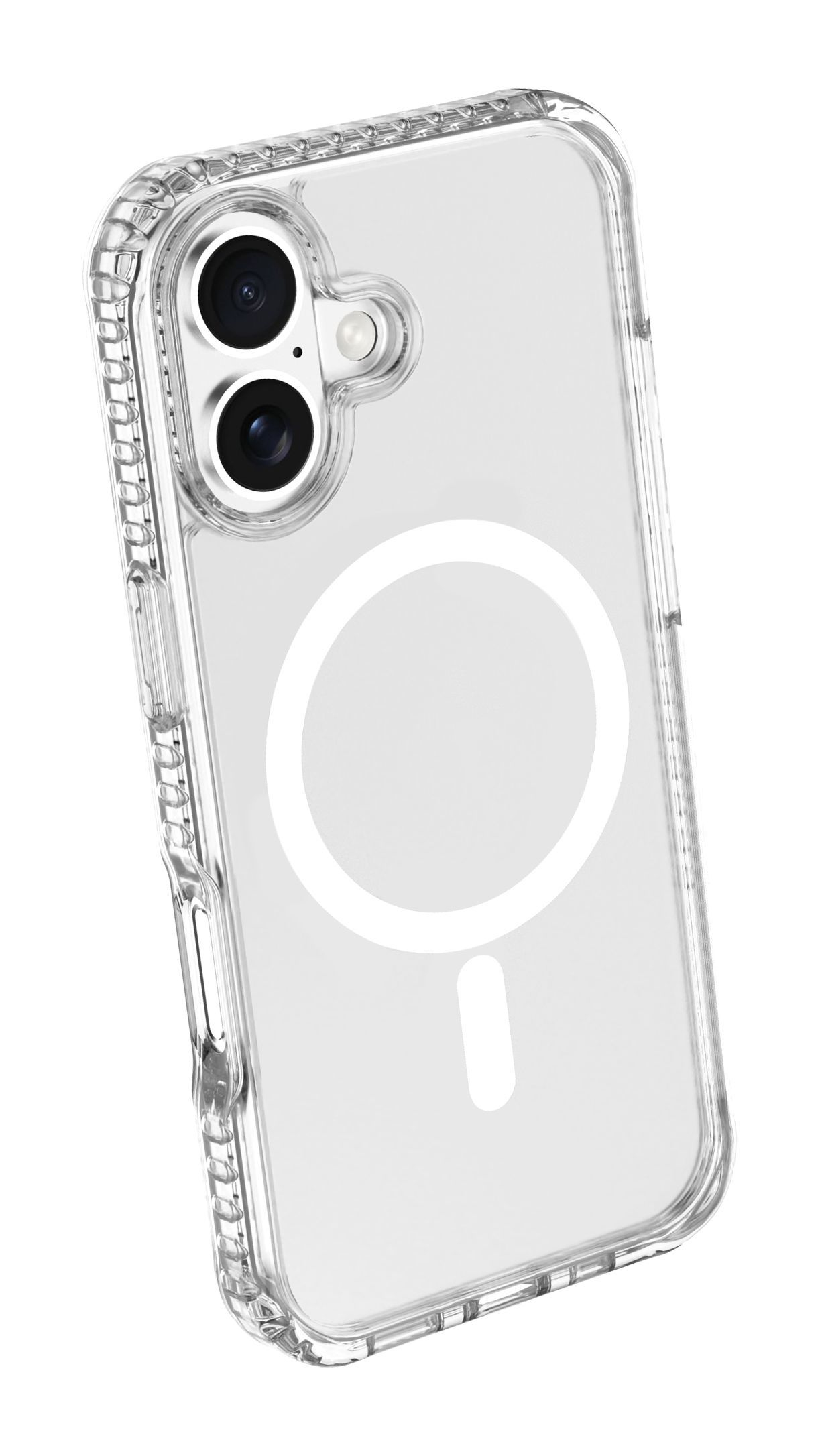 Una funda transparente para teléfono con anillo MagSafe y dos cámaras sobre fondo blanco.