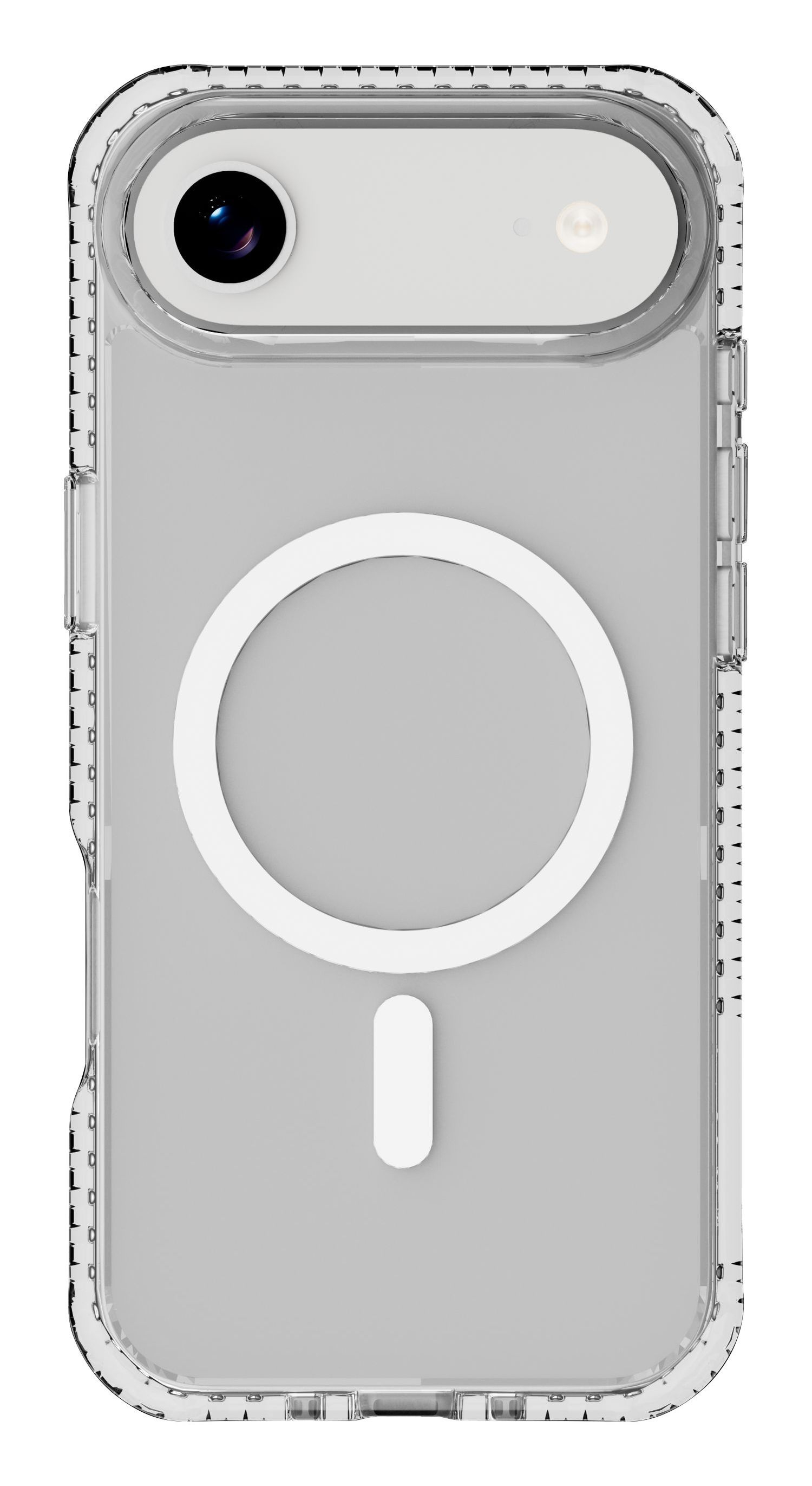 Funda de teléfono transparente con anillo MagSafe y recorte para cámara sobre fondo blanco.