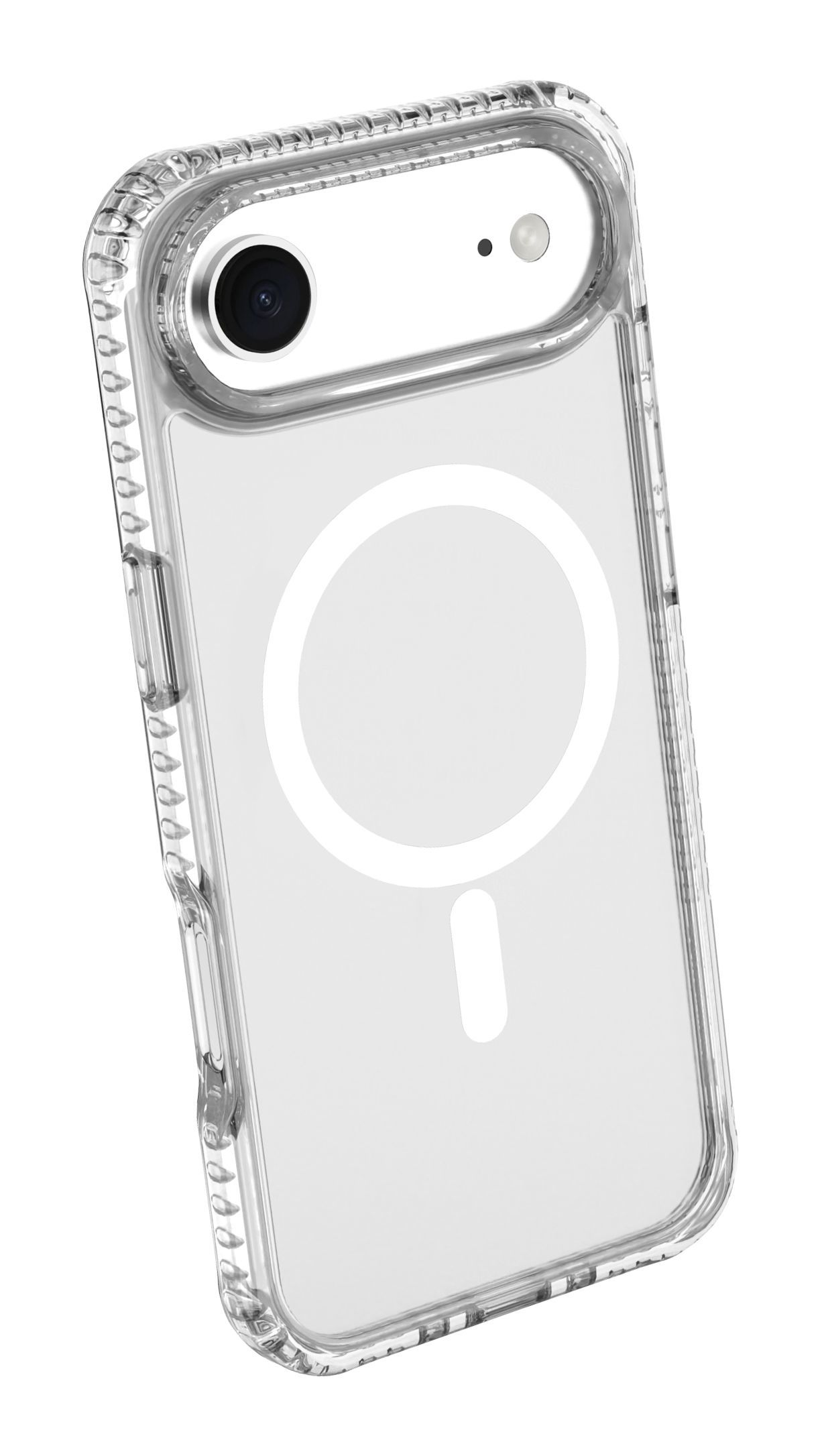 Funda protectora transparente con anillo MagSafe y recorte para cámara sobre fondo blanco.