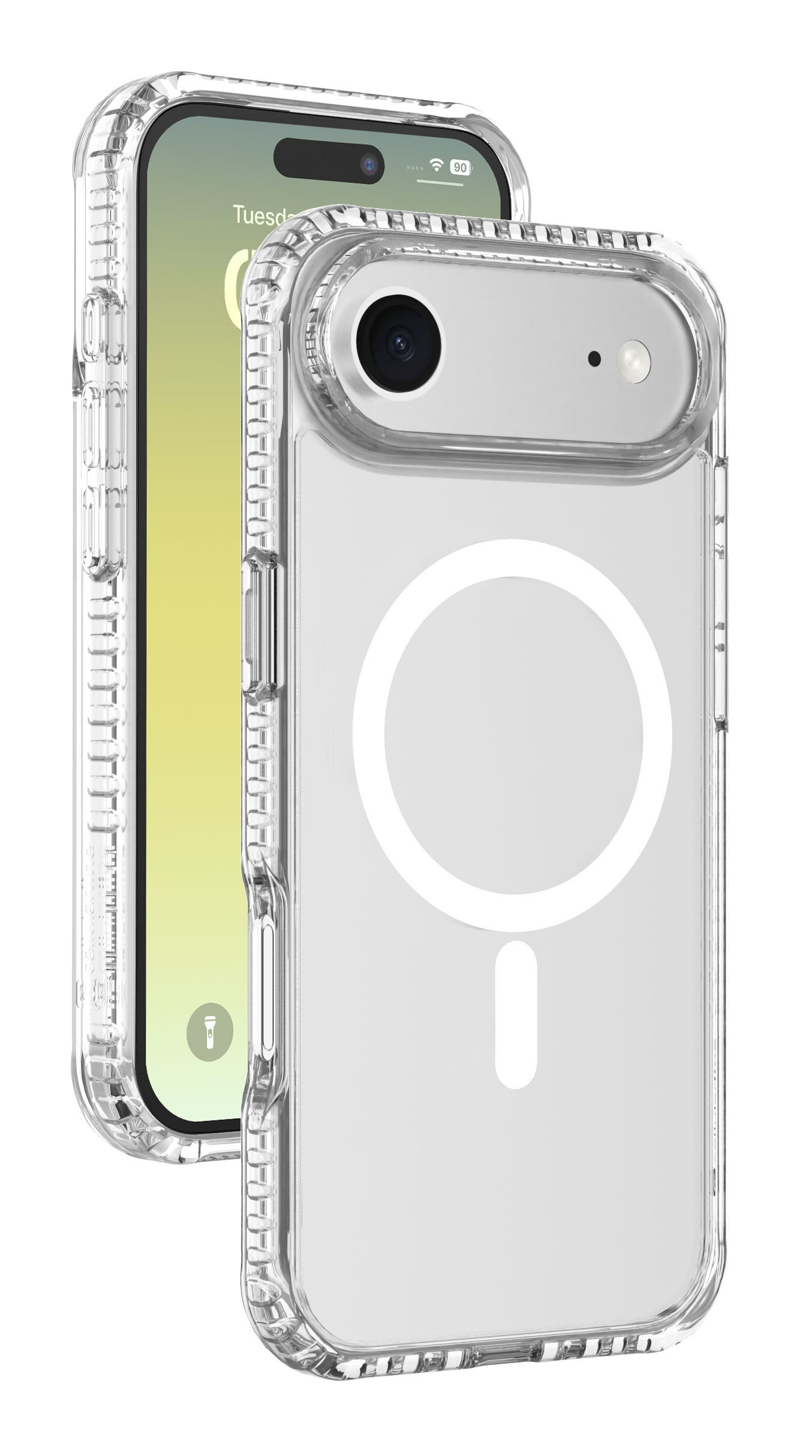 Un teléfono en una funda protectora transparente con un círculo de carga magnética.