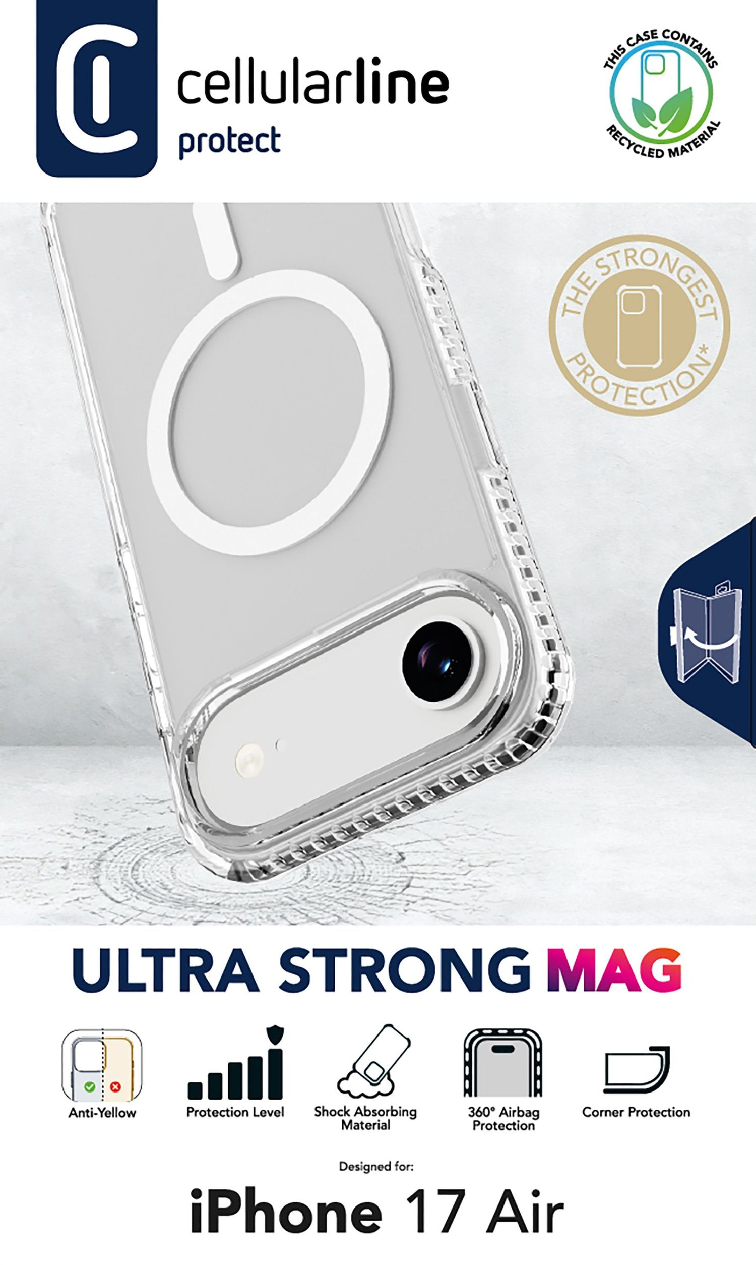 Funda transparente para iPhone 17 Air con anillo MagSafe, recorte de cámara e iconos con funciones.