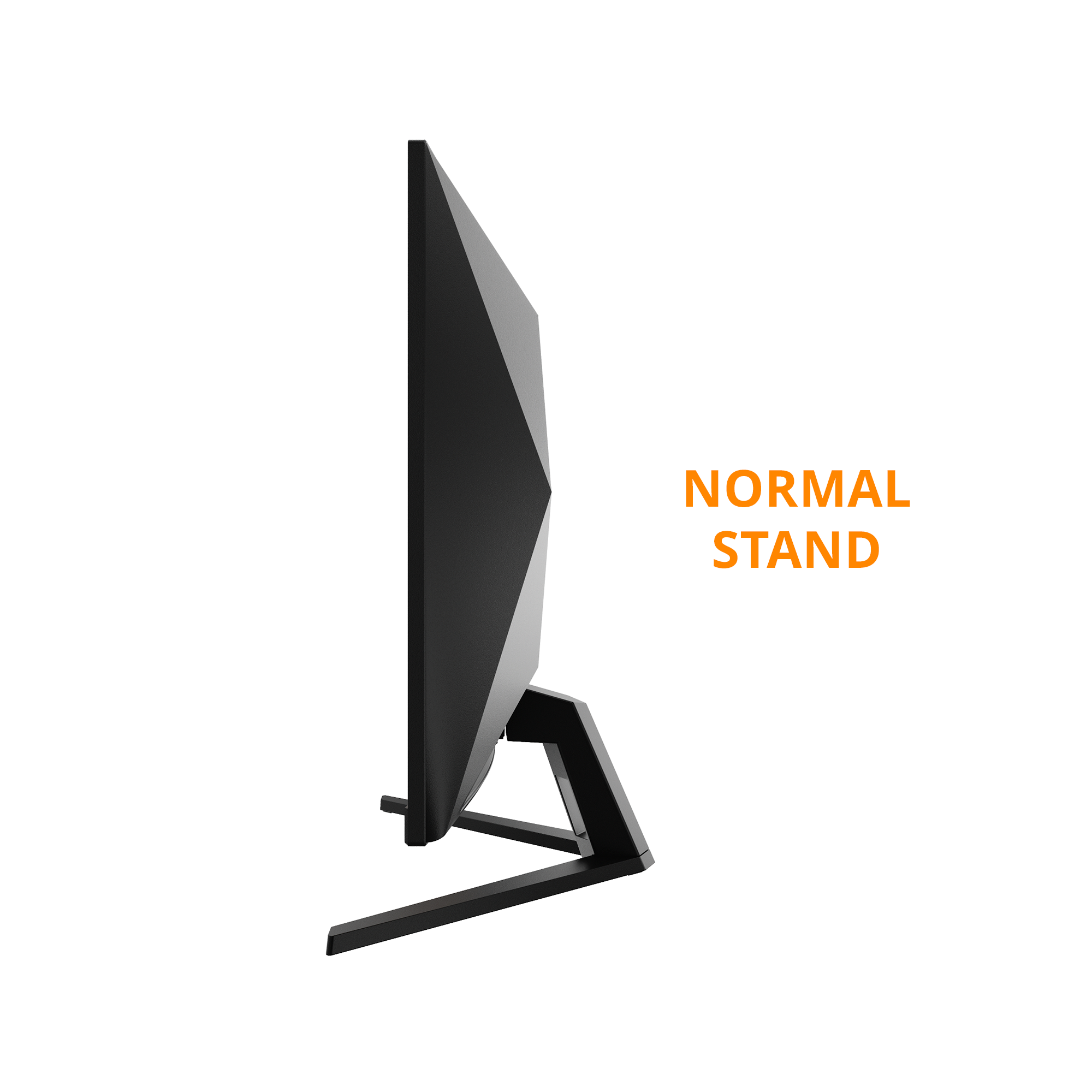 Seitenansicht eines schwarzen Monitors auf normalem Ständer mit der orangefarbenen Aufschrift "NORMAL STAND".