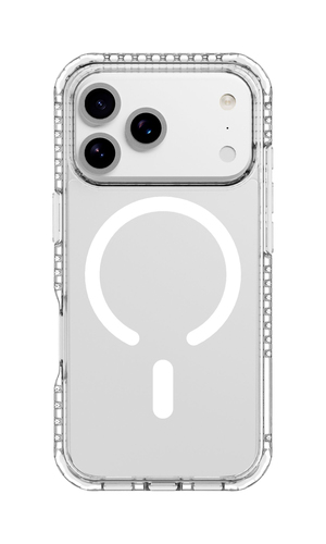 Fund protector transparente en un teléfono inteligente con tres cámaras traseras y un anillo MagSafe blanco.