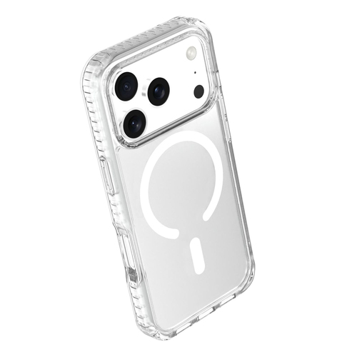 Fundas transparentes para teléfono con anillo MagSafe, recortes para cámara y bordes texturizados sobre fondo blanco.