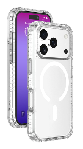 Un teléfono inteligente en una funda protectora transparente con un anillo MagSafe visible.