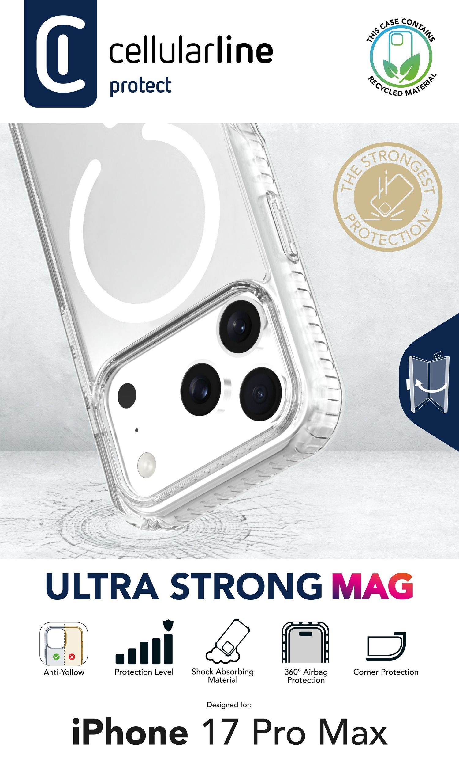 Funda transparente Cellularline Ultra Strong Mag para iPhone 17 Pro Max con anillo magnético y protección.