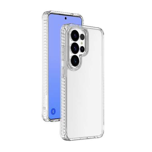 Un teléfono inteligente en una funda protectora transparente que muestra la pantalla y la cámara.