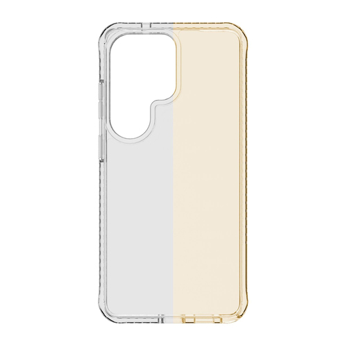 Una funda de teléfono transparente y amarillenta con recortes para la cámara.