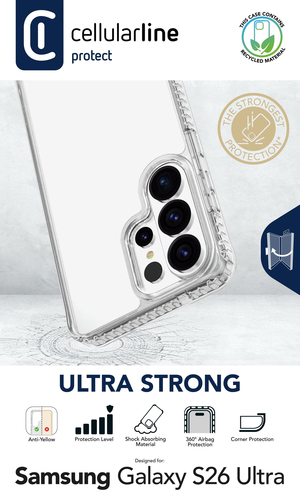 Funda transparente para Samsung Galaxy S26 Ultra con iconos de protección y texto.
