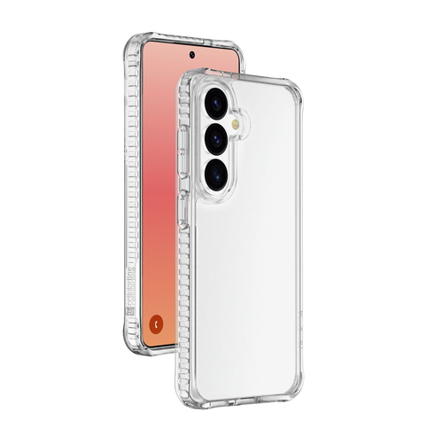 Un teléfono inteligente en una funda protectora transparente con tres c ámaras traseras.