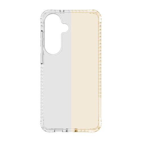 Una funda transparente y protectora para smartphone con esquinas reforzadas y fondo bicolor.