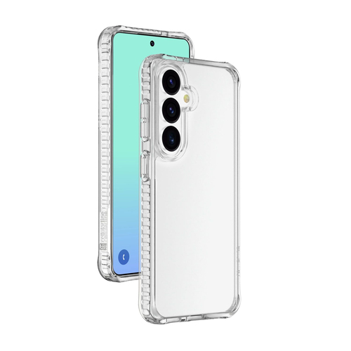 Un teléfono inteligente en una funda protectora transparente muestra la pantalla frontal y la parte trasera.