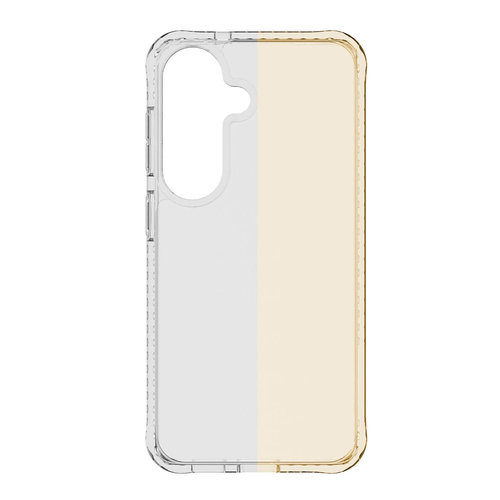 Funda transparente para smartphone con recorte de cámara sobre fondo blanco.