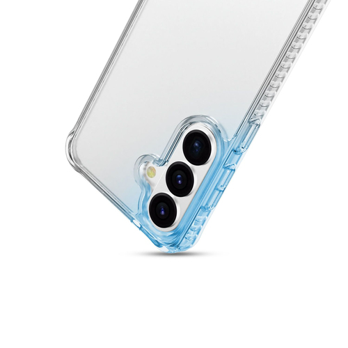 Vista trasera de un smartphone en una funda protectora transparente de tono azul, con tres cámaras verticales.