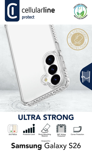 Funda protectora transparente Cellularline para Samsung Galaxy S26 con fuerte absorción de impactos.