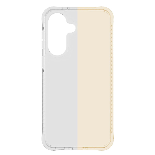 Funda de teléfono transparente, mitad clara y mitad amarillenta por el envejecimiento.