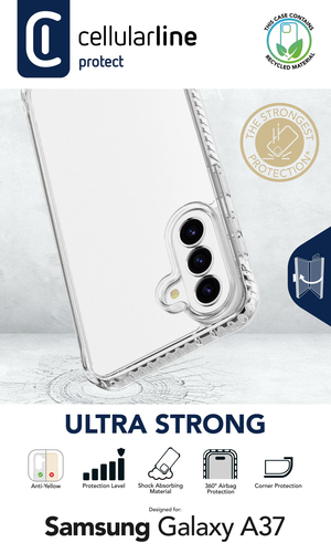 Funda transparente para Samsung Galaxy A37 con logotipos e iconos de características.