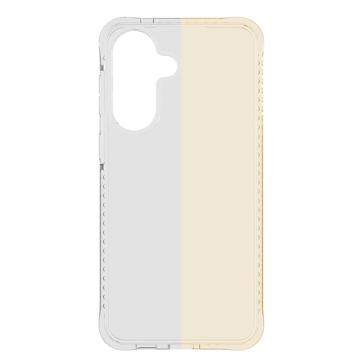 Funda protectora para smartphone transparente y ligeramente amarillenta con división vertical.