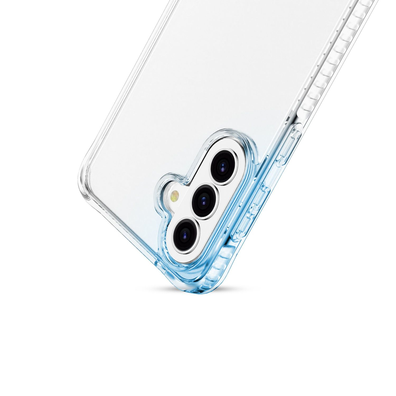 Una funda transparente para teléfono con tres lentes de cámara alineadas verticalmente sobre fondo blanco.