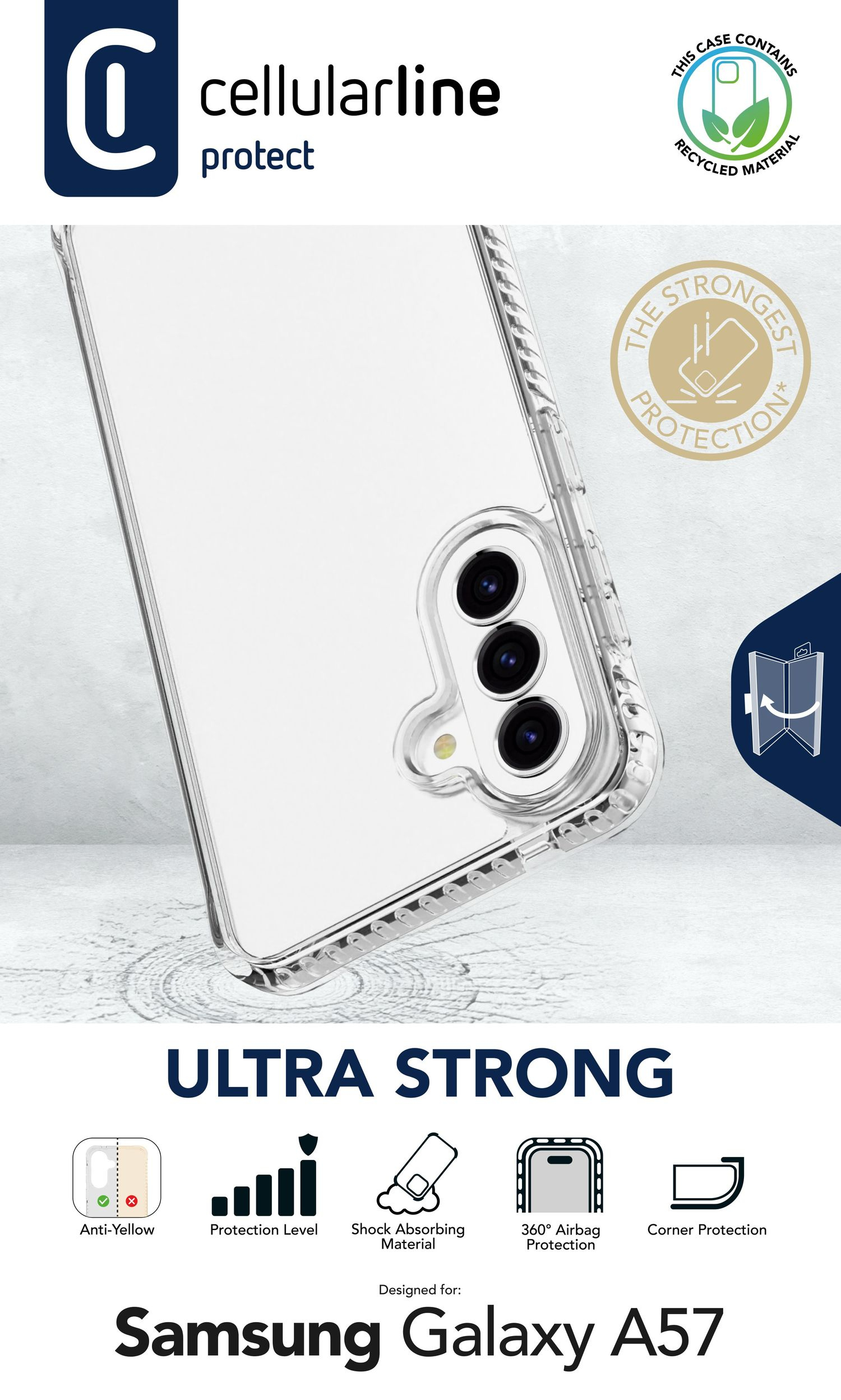 Funda de teléfono transparente para Samsung Galaxy A57 con protección y logotipos.