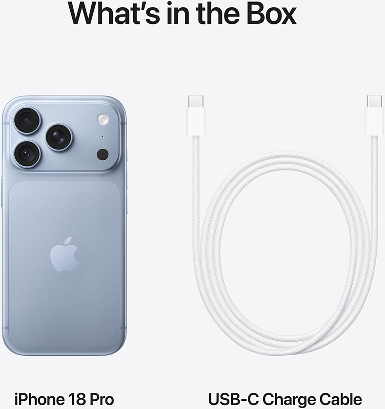 Egy kék iPhone 18 Pro és egy fehér USB-C töltőkábel.