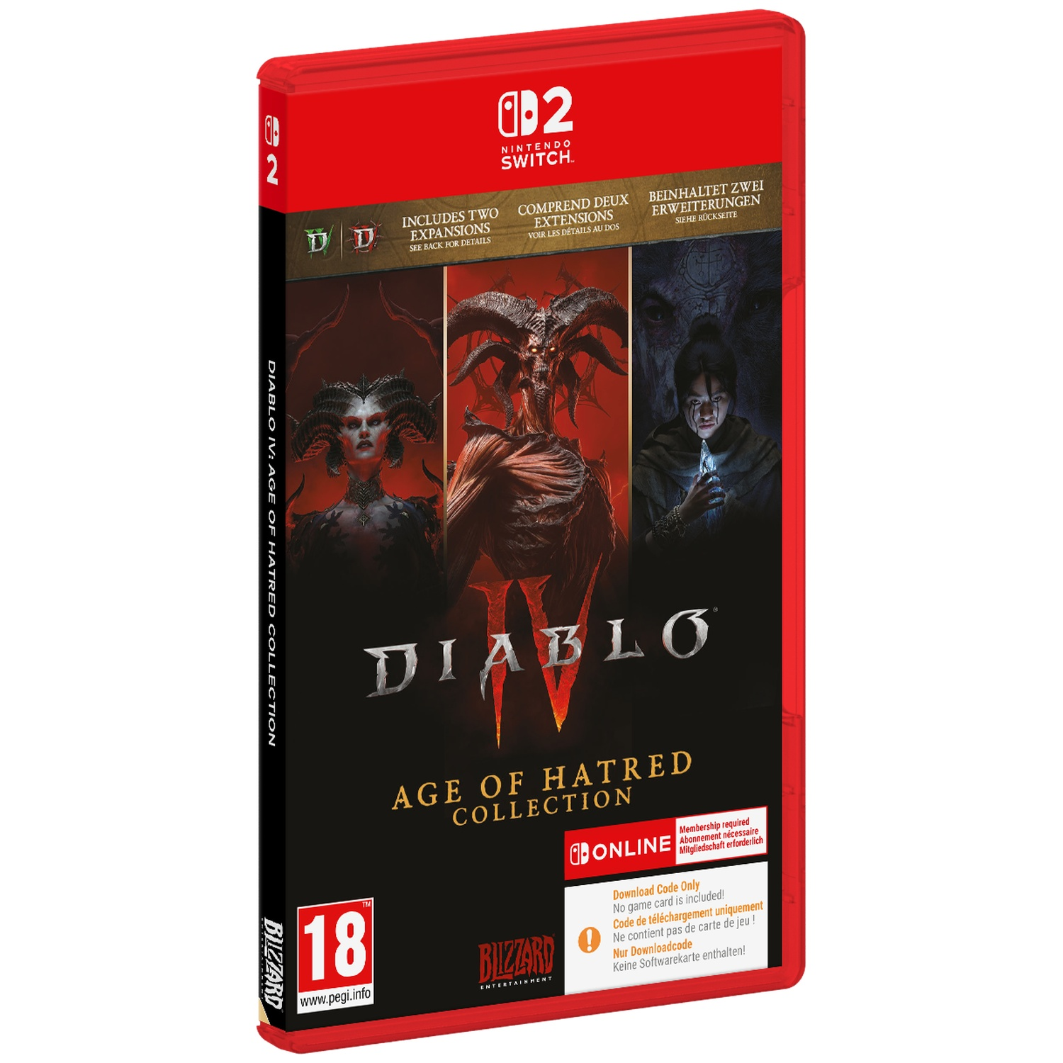 Boîtier de jeu Nintendo Switch rouge pour Diablo IV Age of Hatred Collection avec illustrations.