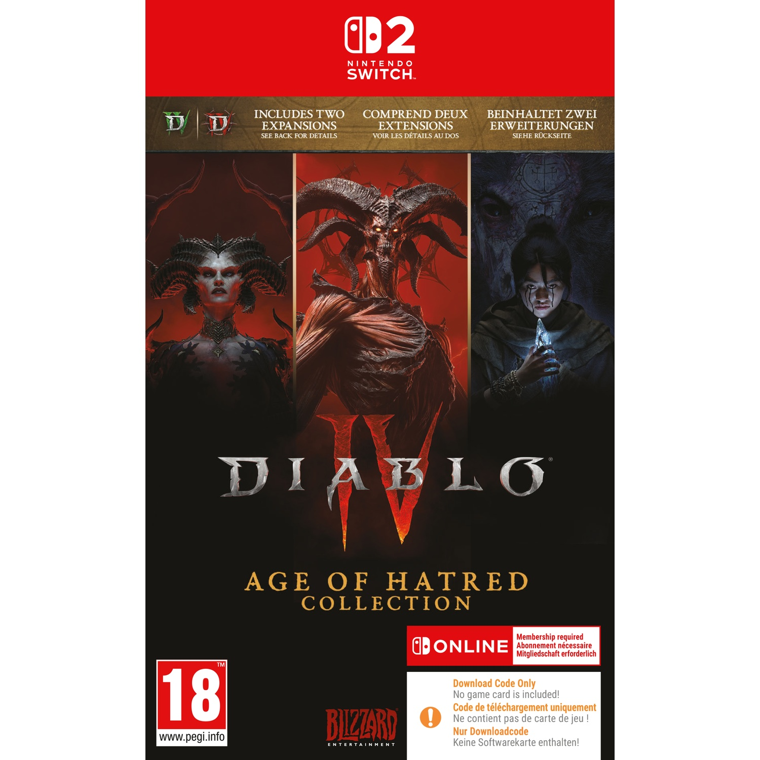 Jaquette Nintendo Switch de Diablo IV Age of Hatred Collection avec trois personnages et une classification PEGI 18.