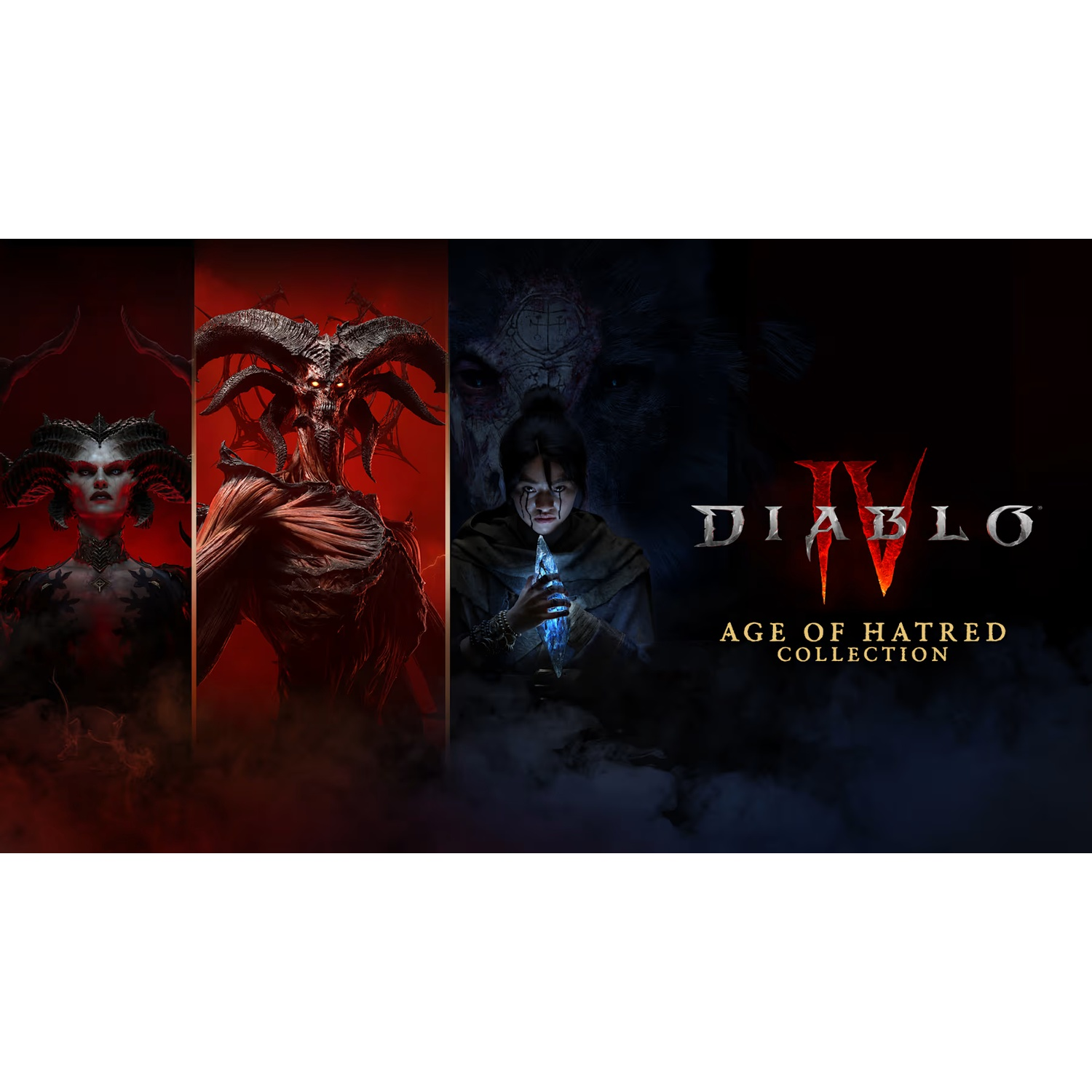 Art promotionnel de Diablo IV Age of Hatred Collection montrant des démons et un personnage encapuchonné.