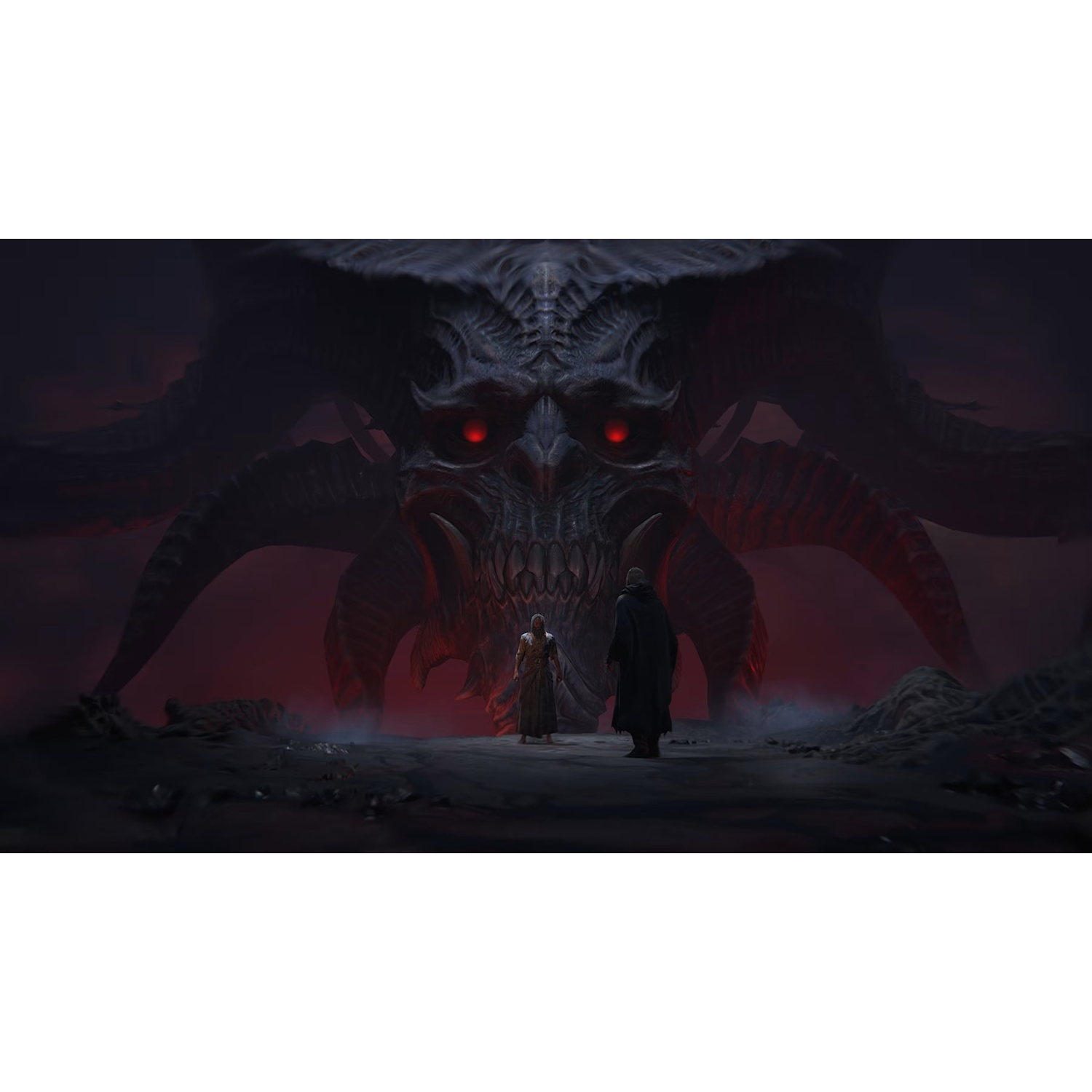 Deux petites silhouettes se tiennent devant un monstre géant et menaçant aux yeux rouges luisants.