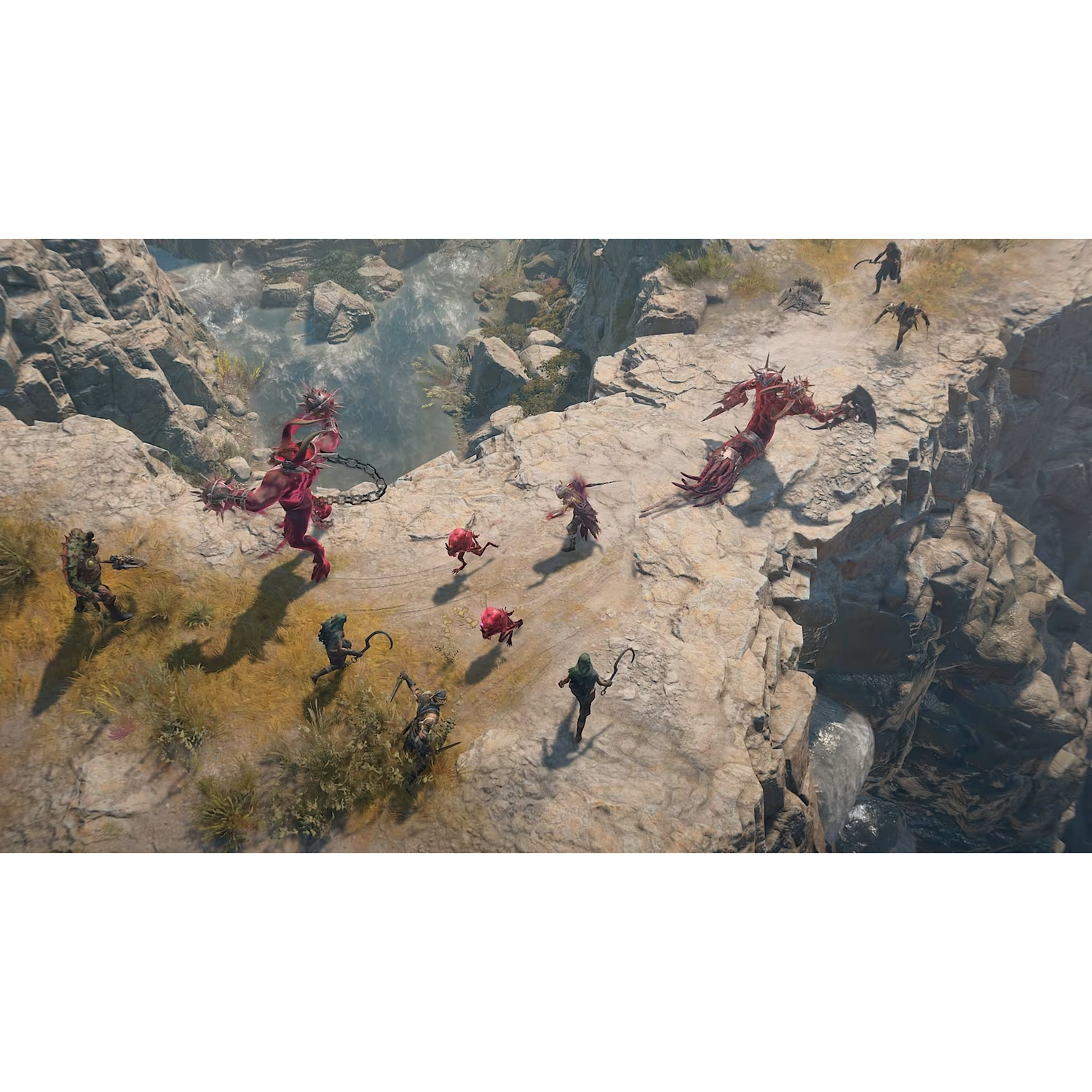 Vue plongeante de personnages et de monstres combattant sur un sentier de falaise rocheuse.
