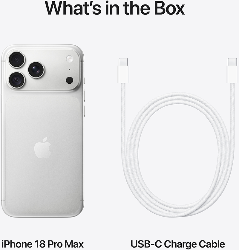 A képen egy ezüst színű iPhone 18 Pro Max és egy fehér USB-C töltőkábel látható világos háttér előtt.