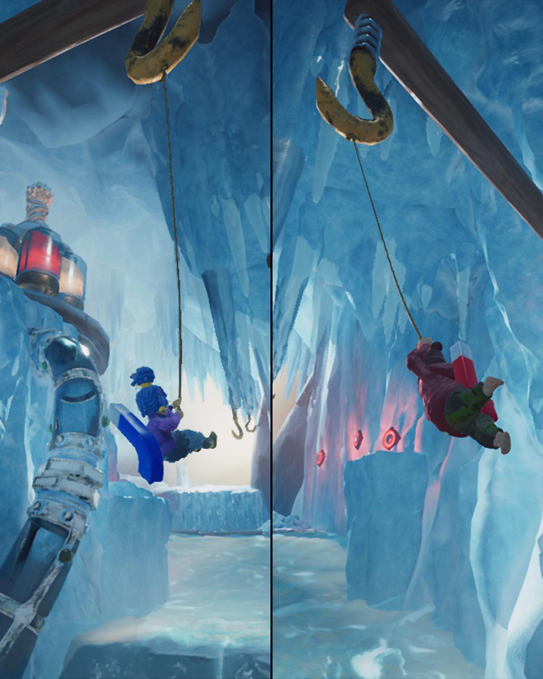 Zwei Charaktere schwingen an Seilen durch eine eisige Höhle mit Eiszapfen.