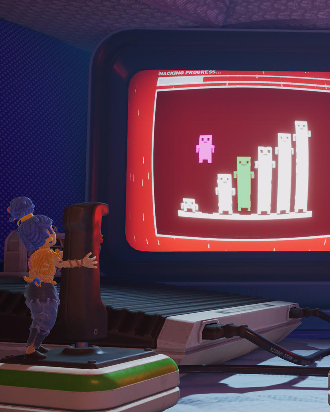 Eine Spielfigur zieht an einem Joystick, um ein Videospiel auf einem großen roten Bildschirm zu steuern.