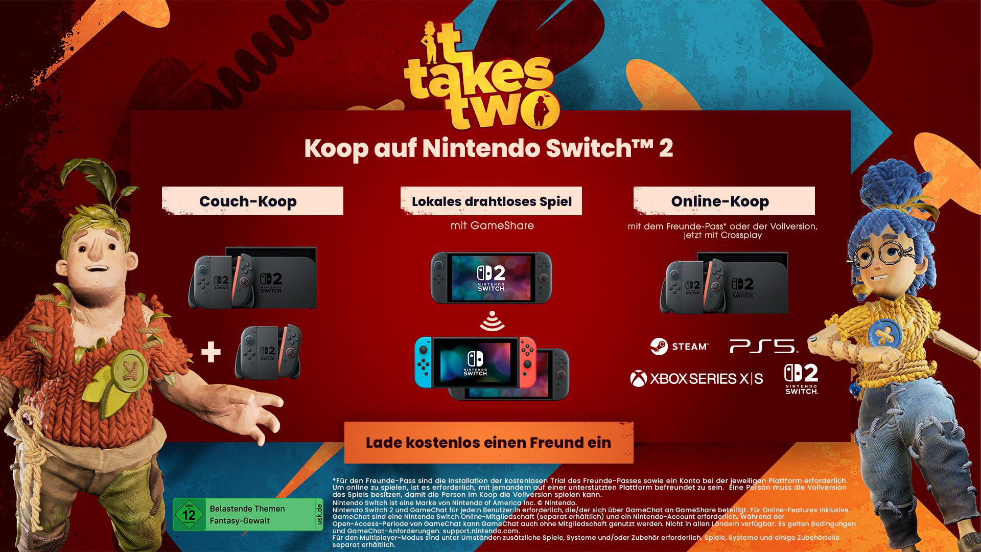 It Takes Two für Nintendo Switch mit Couch-, Lokalandrahtlos- und Online-Koop.