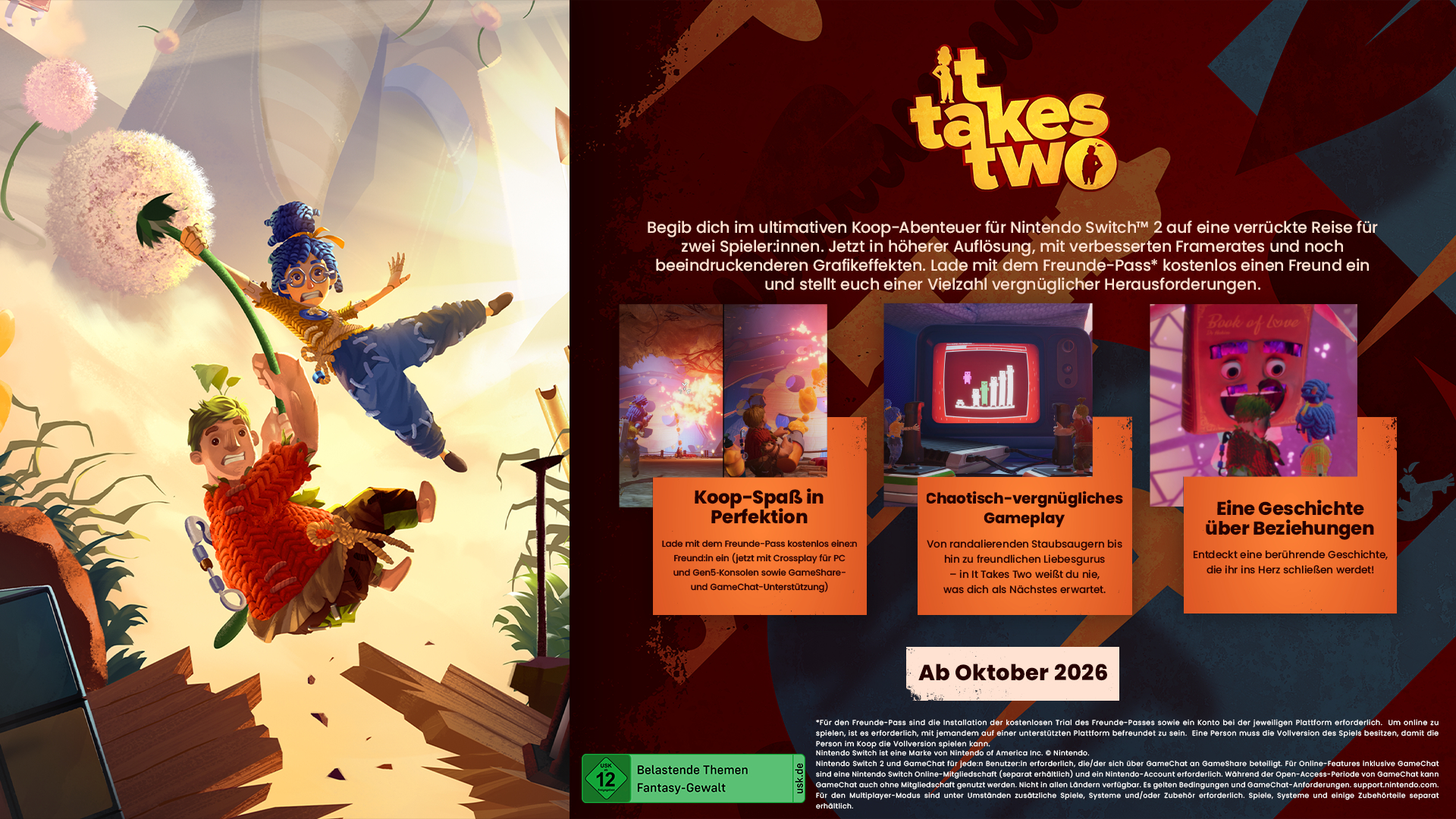 Werbebild für das Koop-Spiel It Takes Two mit Charakteren im Flug, Text und Screenshots.