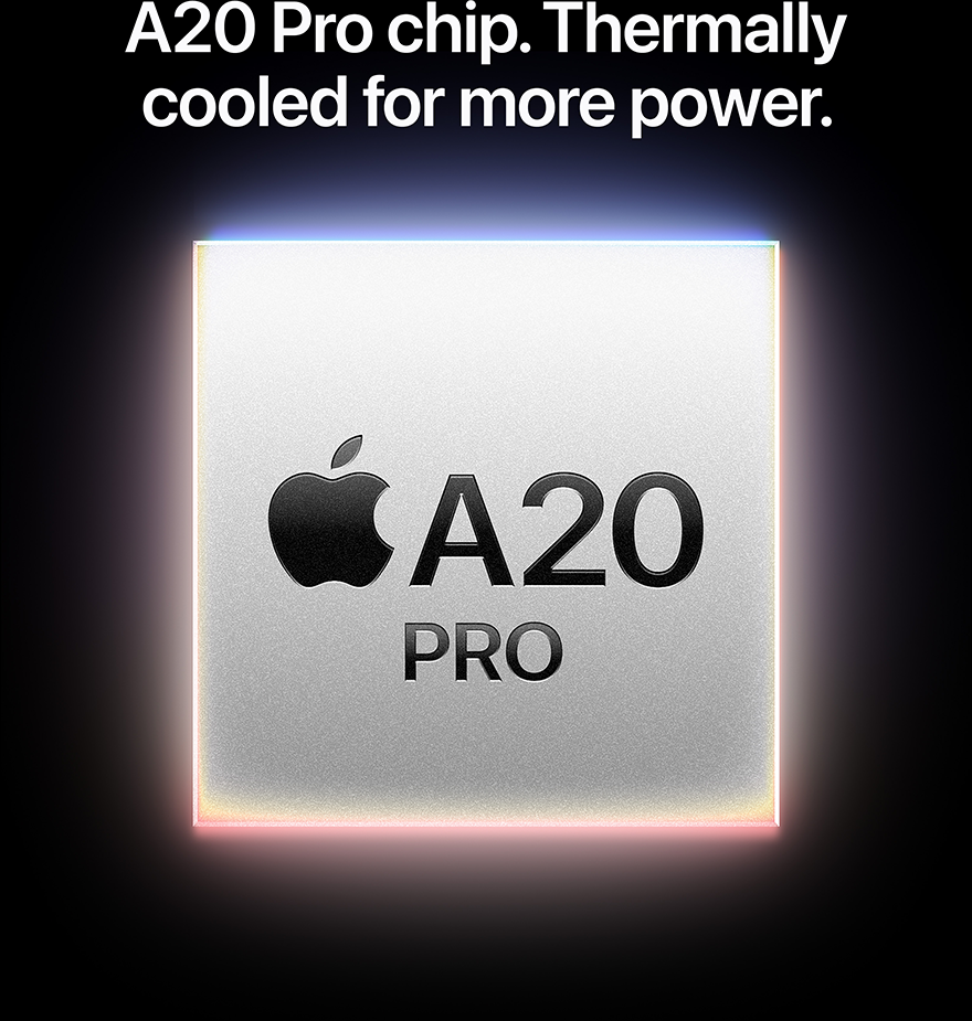 A20 Pro chip Apple logóval egy ezüst négyzeteken, fekete háttér előtt.