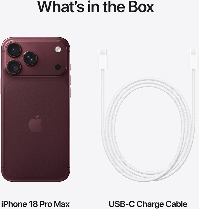 Egy sötétvörös iPhone 18 Pro Max és egy fehér USB-C töltőkábel világos háttéren.