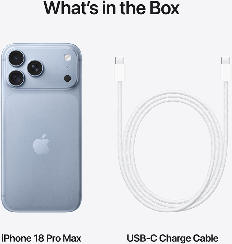 Kék iPhone 18 Pro Max és fehér USB-C töltőkábel világos háttéren.