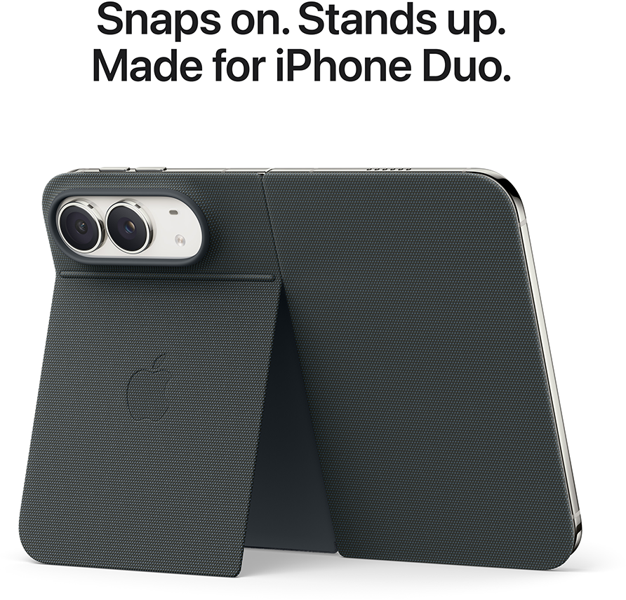 Sötétszürke mintás, összehajtható tok, amely megtámaszt egy okostelefont.