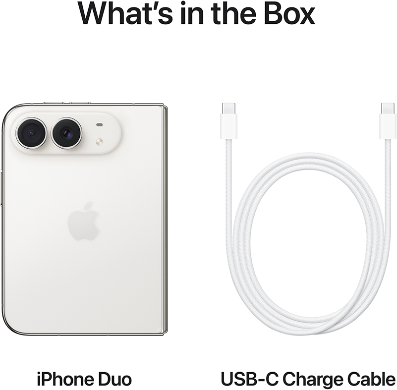 Mi van a dobozban: iPhone Duo és egy fehér USB-C töltőkábel.