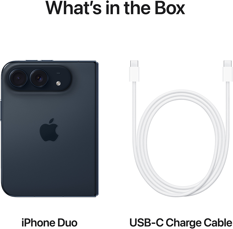 A doboz tartalma egy iPhone Duo és egy fehér USB-C töltőkábel fehér háttér előtt.