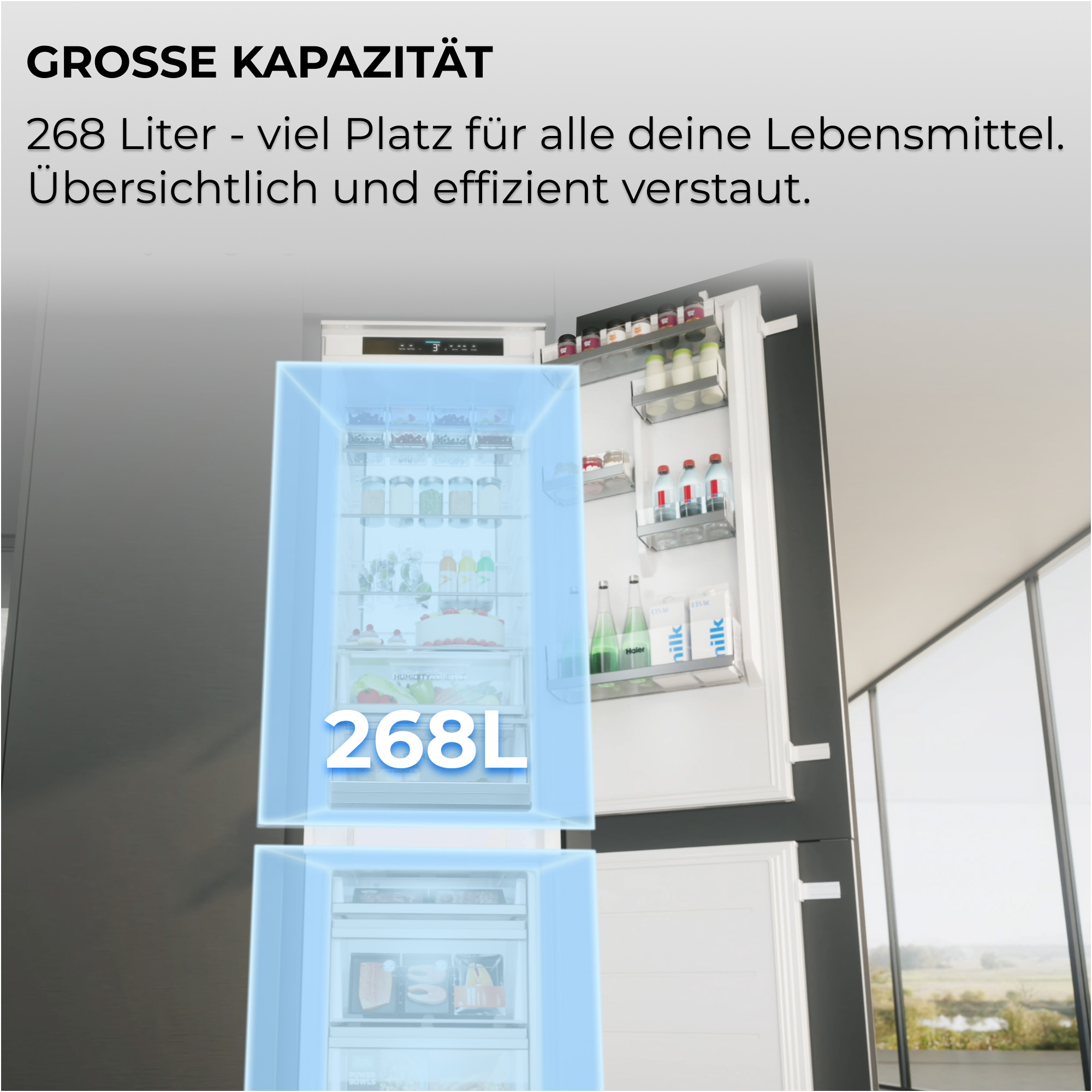 Offener weißer Kühlschrank mit Lebensmitteln und 268 Litern Kapazität.