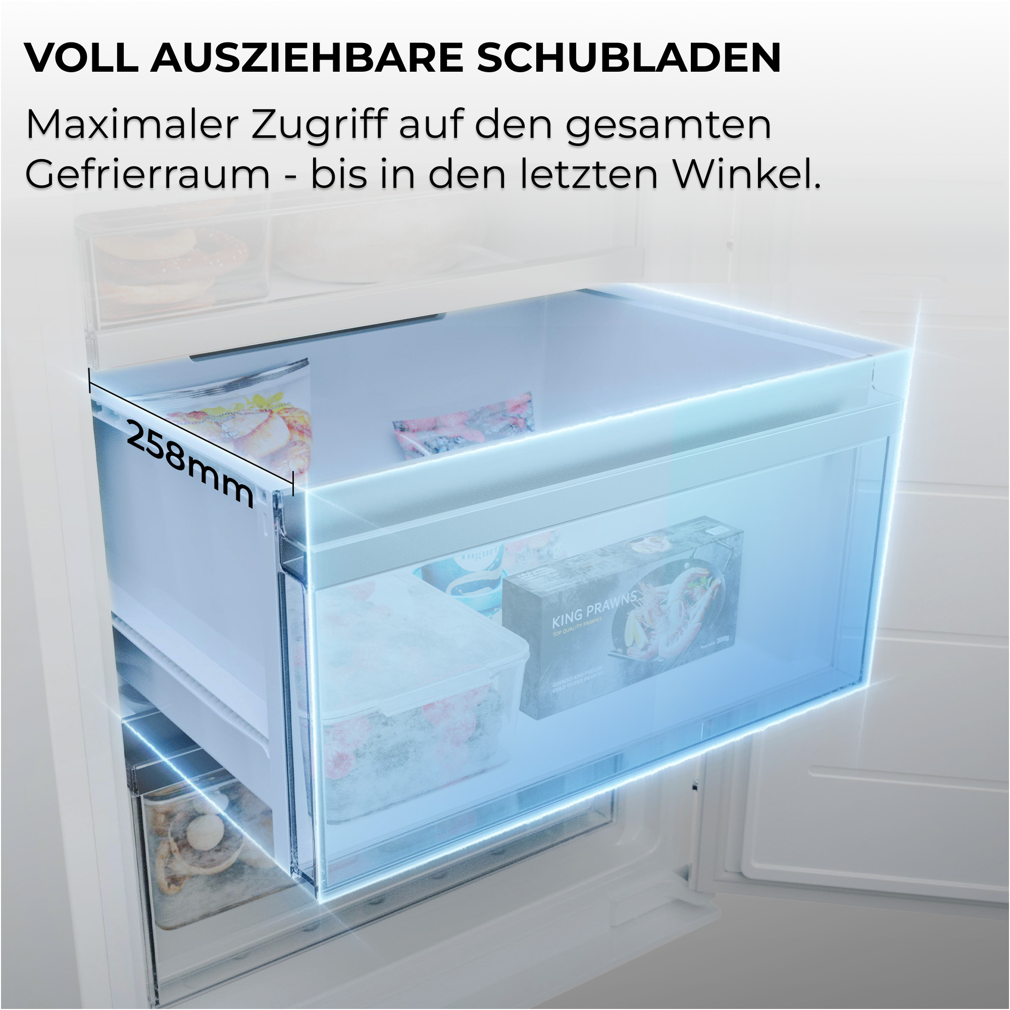 Geöffnete Gefrierschublade mit einer Tiefe von 258mm, gefüllt mit Lebensmitteln, mit Text oben.