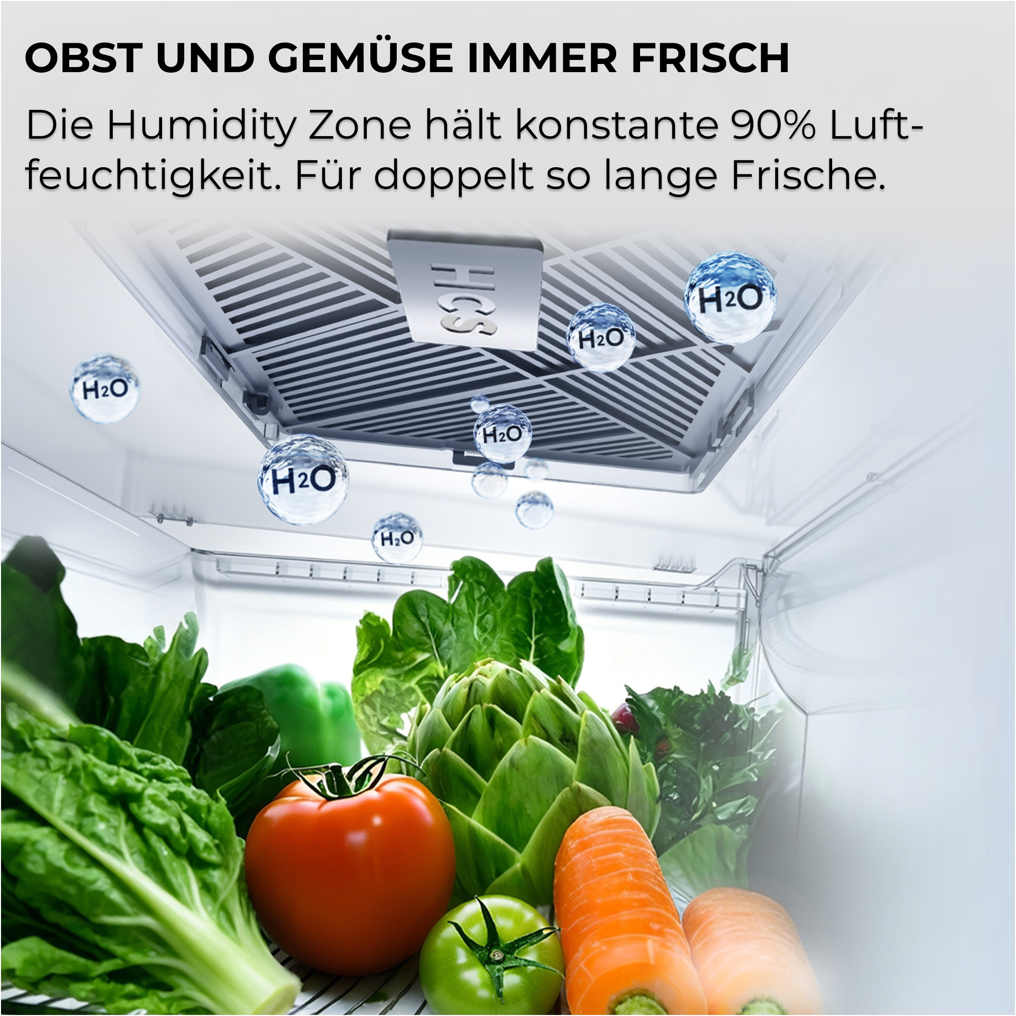 Frisches Obst und Gemüse im Kühlschrank mit feuchtigkeitsregulierendem HCS-Filter und Wassertropfen.