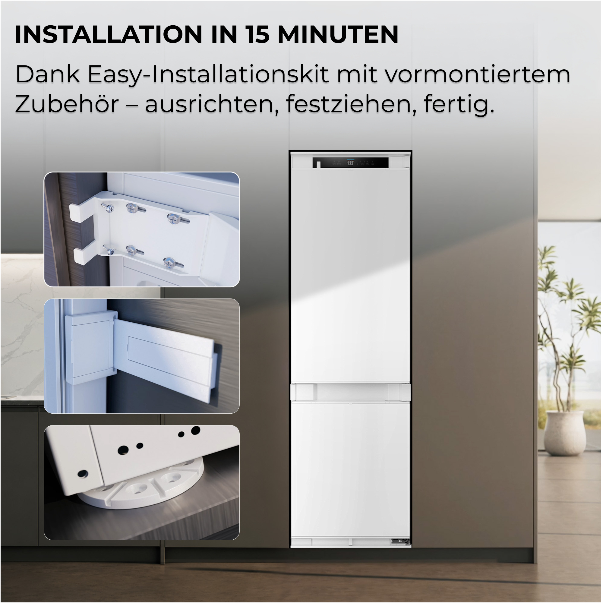 Einbauanleitung für einen weißen Kühlschrank mit Installationsdetails und Text auf Deutsch.